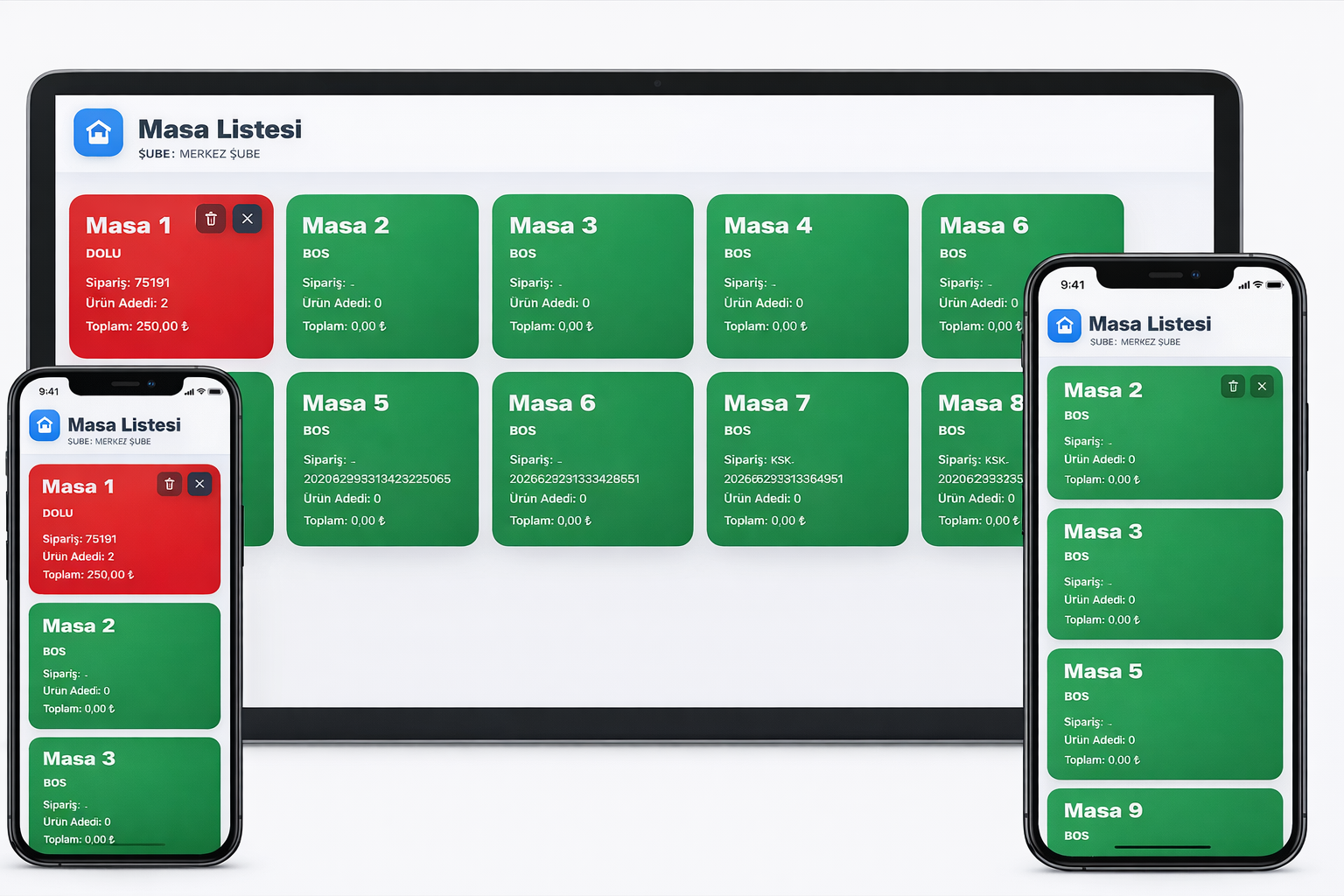 Mobil masa yönetimi ekranı